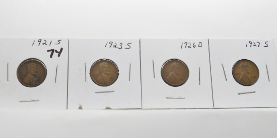 4 Lincoln Wheat Cents 1921-S; 23-S; 26-D; 27-S average Good