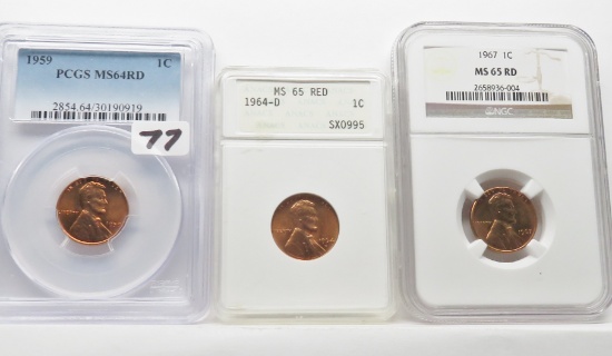 3 Lincoln Cents 1959 PCGS MS64RB; 1964-D ANACS MS65 RED; 1967 NGC MS65 RD