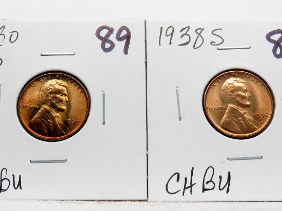 2 Lincoln Cents CH BU: 1930 RB, 1938S
