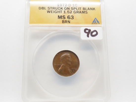 Lincoln Cent 1972-D Error ANACS MS63 BRN Double struck on split blank, weight 1.52 grams