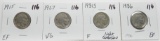 4 Buffalo Nickels 1915 EF; 27 VG; 31-S F (Light corrosion); 36 EF