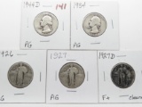 Quarter Mix; 1934 & 44-D Washington AG & 1926; 27 AG; 27-D F+ cleaned Standing