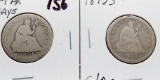 2 Seated Liberty Quarters, 1854 Arrows no Rays Fair & 1875-S G/AG