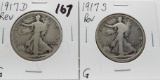 2 Walking Liberty Half $ 1917-D reverse Good & 1917-S reverse Good