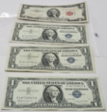 Currency Mix: 3-$1 Silver Certificates F-VF (1957, 57A, 57B); $2 USN 1953B Fine