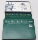 3 Proof sets, 1997-S; 1998-S; 1999-S 9 piece