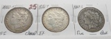 3 Morgan $: 1882-O EF cle, 1887 EF, 1887S Fine dark better date