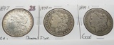 3 Morgan $: 1897 CH AU damage, 1899-O F, 1899S G