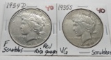 2 Peace $ 1934-D Fine (Reverse rim gouges, scratches) & 1935-S VG (Scratches)