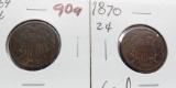 2 Two Cent Pieces 1869 Very Good & 1870 Good