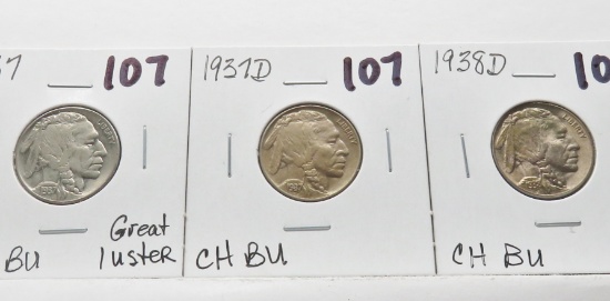 3 Buffalo Nickels: 1937 Gem BU great luster, 1937D CH BU, 1938D CH BU