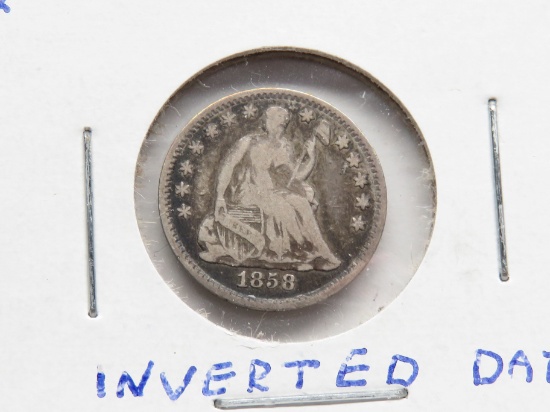 Seated Liberty Half Dime 1858/inverted date F dark