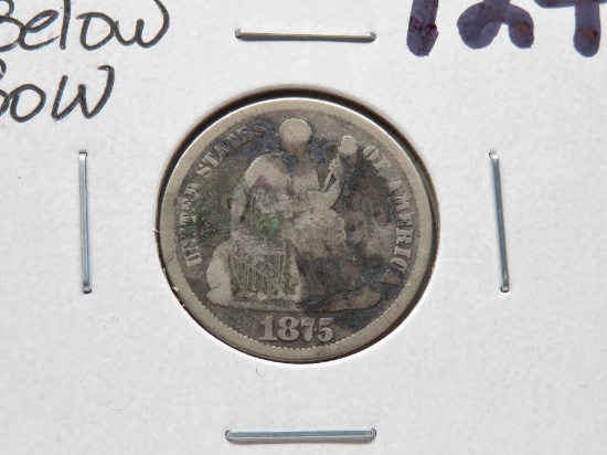 Seated Liberty Dime 1875CC Below Bow VG+ cleaned