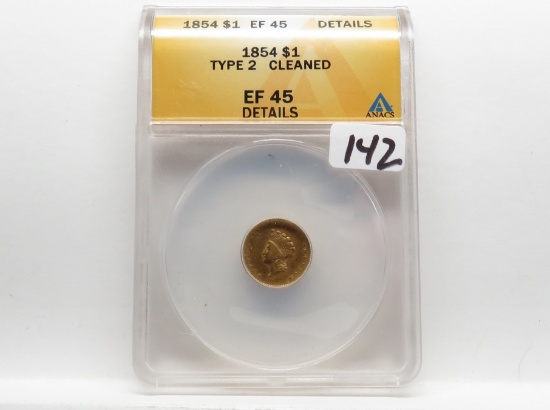 $1 Gold Indian Princess 1854 Type 2 ANACS EF45 Details Cleaned