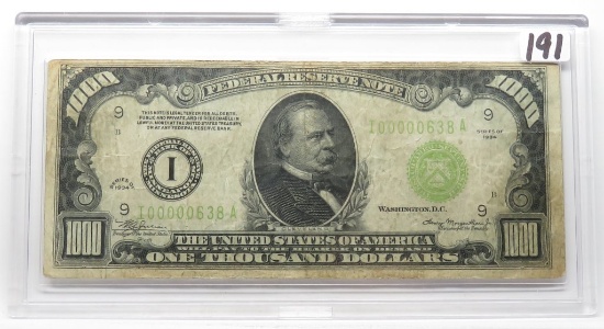 $1000 FRN 1934 Minneapolis, FR2211I, SN 100000638A, F soiled, in plastic holder.