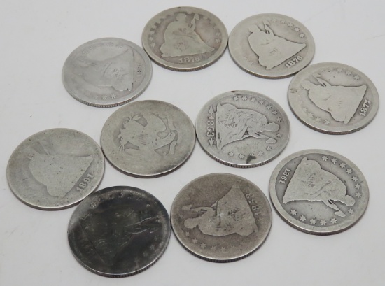 10 Seated Liberty Quarters well worn fillers: 2-1853 AR/RA (1 VG scrs), 58, 2-61, 76, 76CC, 77, 2-91
