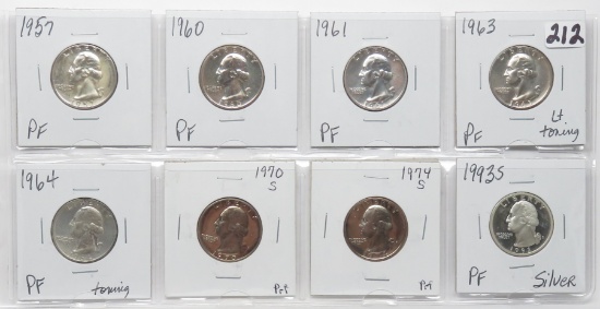 8 Washington Quarter Proof: 1957, 60, 61, 63, 64, 70S, 74S, 93S Silver
