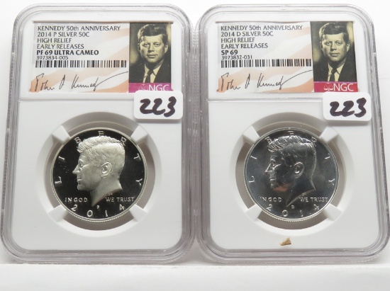 2 Kennedy Half $ NGC 50th Ann. High Relief, Early Release, Silver, 2014-P PF69 Ultra Cameo & 2014-D