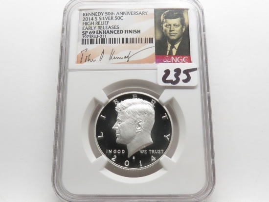 Kennedy Half $ 2014-S NGC SP69 Enhanced Finish, 50th Ann. High Relief, Early Release, Silver