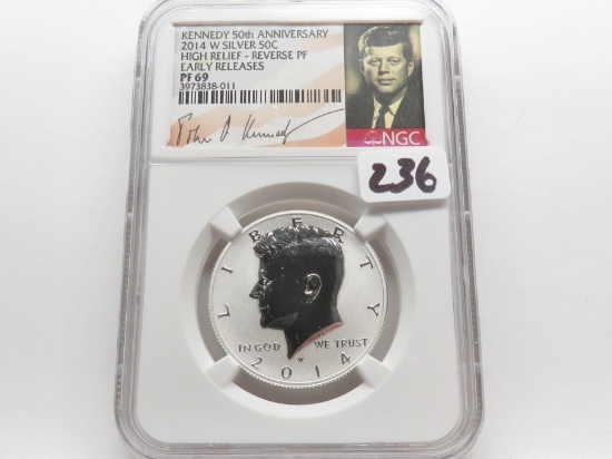 Kennedy Half $ 2014-W NGC PF69, Reverse Proof, 50th Ann. High Relief, Early Release, Silver