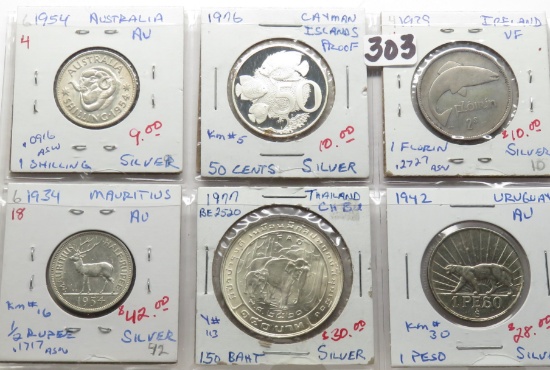 6 Silver World Wildlife Coins: 1954 Australia 1Sh, 76 Cayman Islands PF 50c, 39 Ireland Florin, 34 M