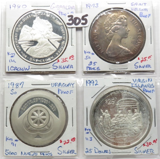 4 Silver Proof World: 1980 Gibraltar 1 Crown, 73 St Helena 25 Pence, 87 Uruguay 5000 New Pesos, 92 V