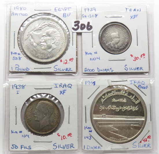 4 Arabian Silver: 1980 Egypt 1 Pound, 29 Iran 2000 Dinars, 38 Iraq 50 Fils, 72 Iran 1 Dinar PF