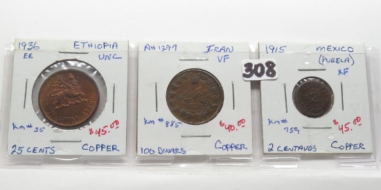 3 World better dts: 1936 Ethiopia 25 Cent, AH1297  Iran 100 Dinars, 1915 Mexico 2 centavos