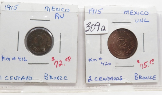 2 Mexico Better Dates: 1 Centavo 1915 AU, 2 Centavo 1915 Unc