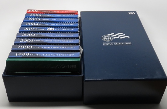 10 US Proof Sets in Storage Box: 1998, 99, 2000, 01, 02, 03, 04, 05, 06, 06 Silver