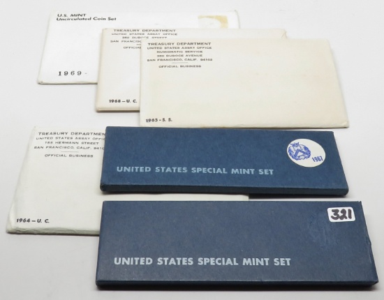 6 US Mint Sets: 1964, 3 SMS (65, 66, 67), 68, 69