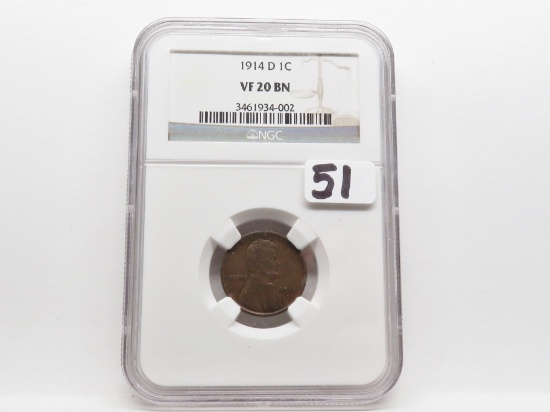 Lincoln Wheat Cent 1914D NGC VF20 BN, Semi-Key Date