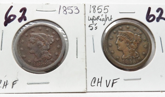 2 Braided Hair Large Cents: 1853 CH F, 1855 upright 5's CH VF