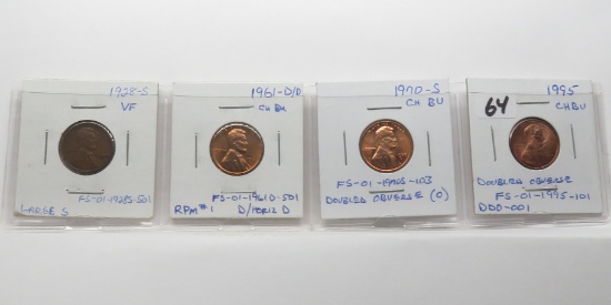 4 Lincoln Cent Errors "listed in Cherry pickers" 1928-S Large S; 61 D/D; 70-S Doubled Obverse; 95 Do