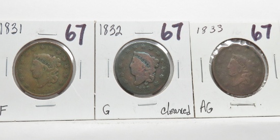 3 Coronet Head Large Cents: 1831 Fine, 1832 G cld, 1833 AG