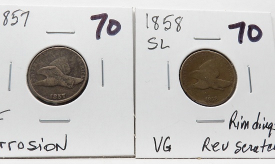 2 Flying Eagle Cents: 1857 F corrosion, 1858 SL VG rim dings rev scrs