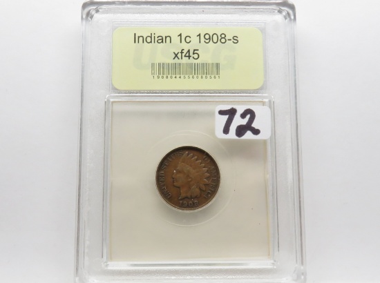 Indian Cent 1908S USCG XF, Semi-Key Date