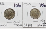 2 Buffalo Nickels: 1936 Gem BU great luster, 1936-S CH BU nice luster light toning