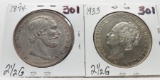 2 Netherlands Silver 2 1/2 Gulden 1874, 1933