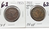 2 Braided Hair Large Cents: 1853 CH F, 1855 upright 5's CH VF