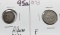 2 Three Cent Pieces: 1852 Silver VG album toning, 1873 Nickel F