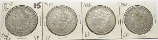 4 Morgan $: 1878 7TF 2nd Rev VF, 80 EF, 88 EF, 1901-O EF