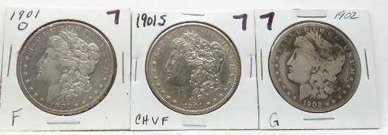 3 Morgan $: 1901-O F, 01S CH VF, 02 G