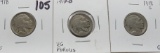 3 Buffalo Nickels: 1918 F, 1918D VG porous, 1918S G
