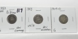 3 Silver Type Coins: Half Dime 1853 AR G obv damage; Seated Dime 1843 VG/G rev scr; Barber Dime 1909