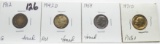 4 Type Dimes some toned: Barber 1912 G, Mercury1942D AU, 2 Roosevelt 1959, 1971D plated