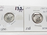 2 Mercury Dimes: 1926 AU few light scr, 1943S CH BU FSB