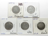5 Seated Liberty Qtrs: 1875S F obv scr, 76 F cle, 76S F problems, 77 G/AG, 78 G cle