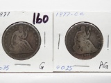 2 Seated Liberty Half $: 1877 G, 1877CC AG