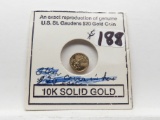 10KT Gold Miniature St Gauden's $20 Gold Piece in cardboard holder